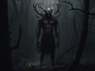 black clad demon in a forest, concept art, generative ai 