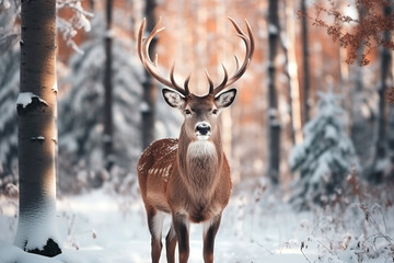 Naklejka na ściany i meble A lonely deer with large horns against the background of a winter forest. Winter Christmas holiday.