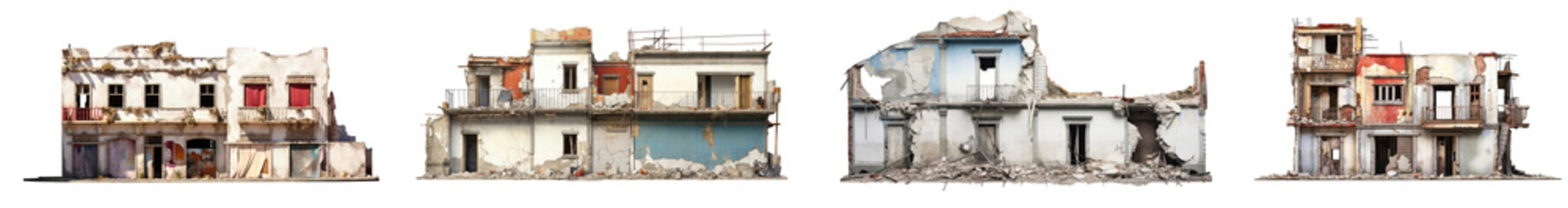 Collection of ruined modern houses or demolished buildings isolated on a transparent background. PNG cutout or clipping path.