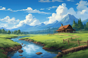 blue sky and clouds over a river and farm, illustration generative ai 