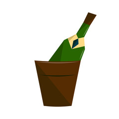 Festive bottle of wine in an ice bucket. Christmas chilled champagne. Flat vector illustration isolated on white background.