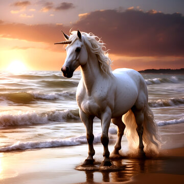 A majestic white unicorn stands in a beach Beautiful white horse galloping along the beach