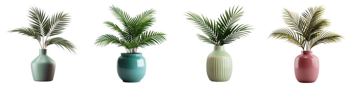 Collection of potted coconut palm trees (Cocos nucifera) in colorful pots, indoor garden decoration houseplants. Isolated on a transparent background. PNG cutout or clipping path.