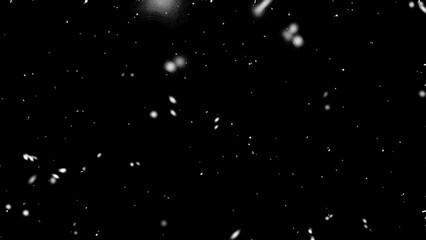 Falling snow flakes, Flying dust particles on a black background. Abstract winter background. Winter landscape with falling shining beautiful snow.