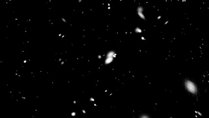 Different realistic falling snow or snowflakes. Falling snow isolated on black background. Winter snowfall illustration. Bokeh lights on black background, flying snowflakes in the air. Snow at night.
