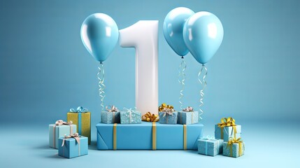 Birthday balloon celebration gift box with number 1 laid flat burst - obrazy, fototapety, plakaty