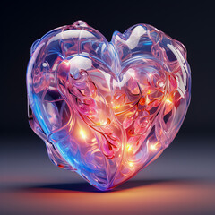 Explore the radiant beauty of love through this crystal heart, shining brightly and reflecting the lights  created with Generative AI technology.