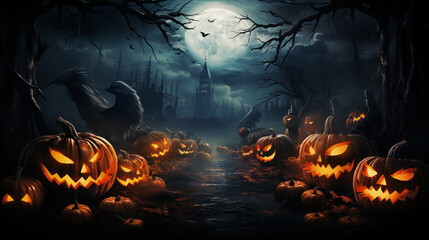 Scary halloween background with pumpkins and witch's house