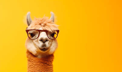 Funny alpaca with glasses on a yellow background, portrait, stylized animal