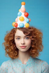 Laughable girl with a birthday hat on a blue backdrop