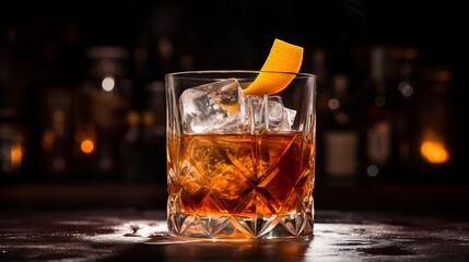 An Old Fashioned cocktail made with sugar, whiskey, and bitters in a glass - obrazy, fototapety, plakaty