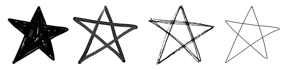 Set of Hand Drawn Stars. Infantile Style Pencil and Chalk-Like Black Stars. No Background. Doodle Style Sloppy Stars. Set of Freehand Stars of Irregular Shape. - obrazy, fototapety, plakaty