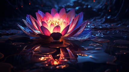 A neon lotus flower blooming in a dark pond with soft ripples.