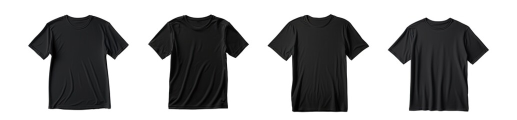 Set of black blank t-shirt template mockups, man half sleeve fashion designs, high quality. Isolated on a transparent background. PNG cutout or clipping path.