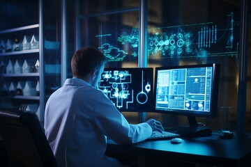 A scientist is using a computer in a lab to analyze DNA data.