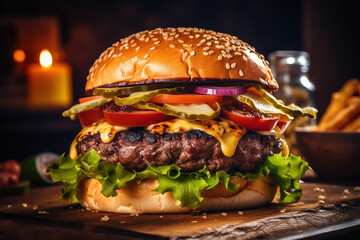 close-up of a juicy delicious burger, food, generative ai  - obrazy, fototapety, plakaty