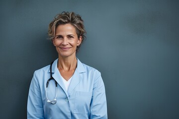 Mature female doctor grinning and leaning against a shadowy wall with her hands in her pockets