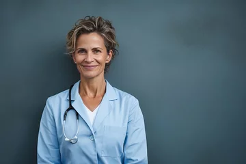Abwaschbare Fototapete Mature female doctor grinning and leaning against a shadowy wall with her hands in her pockets © Suleyman
