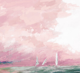 Impressionistic Trio of Sailboats Sailing at Sunrise or Sunset in Pinks - Digital Painting, Illustration, Art, Artwork, Design, Background, Backdrop, Wallpaper, Publication, Social Media Post Ad