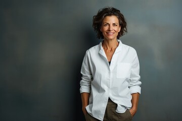 Mature female doctor grinning and leaning against a shadowy wall with her hands in her pockets