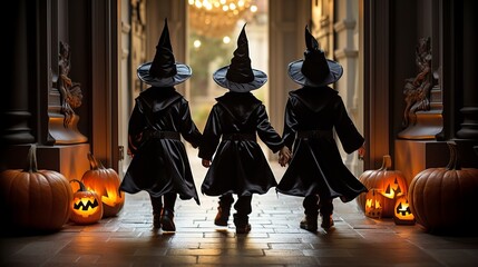 Three boys dressed as Halloween characters, waiting at the door to be trick-or-treated, back view