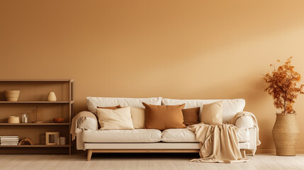 Minimalistic cozy living room, warm earthy color palette, generative ai 