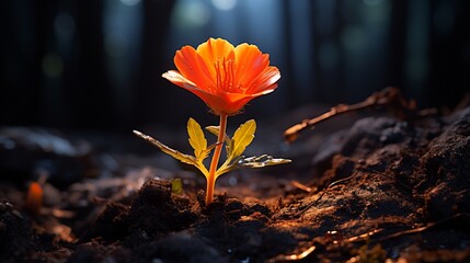 A neon marigold glowing against the backdrop of dark earth.