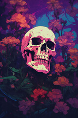 skeleton in purple and black in front of flowers, surrealism, generative ai 