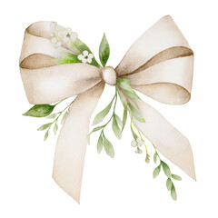 Watercolor painted white and ecru wedding decorative bow with flower decoration, isolated on white background