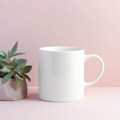 White ceramic coffee mug mockup. Empty mug. Pink color background with leaves pot