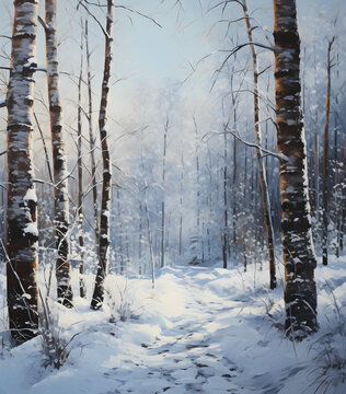 painting of a winter forest in the snow