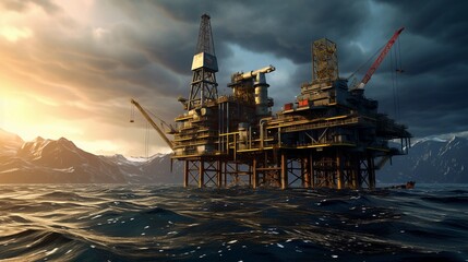 Oil platform in the open sea, extracting fuel