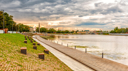 The embankment of the Sura River in the city of Penza with a view of the monument in honor of the...