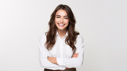 A jubilant, dark-haired businesswoman/scholar in a white blouse, beaming self-assuredly with arms crossed, is set against a plain backdrop. - obrazy, fototapety, plakaty