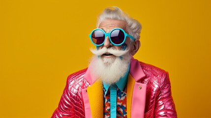 An amusing elderly gent donning stylish apparel is lively in a vibrant backdrop.