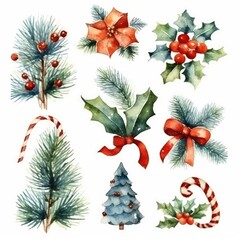 Christmas watercolor hand drawn illustration. Decoration elements for the Christmas holiday