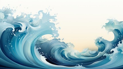 Cheerful Ocean Wave, Pool Party and Beach Cruise Illustration. Blue, Teal, Turquoise. Playful Cartoon Wave, Watercolor Backdrop, Copy Space. Summer Fun and Celebration