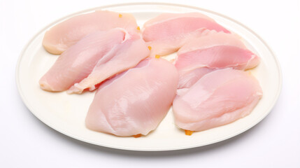 Isolated poultry steaks, sliced raw Chicken fillet, displayed on white plate.