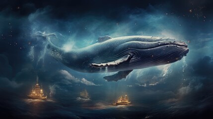 Fototapeta premium A whale is floating in the ocean with a ship in the background
