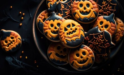 A plate of decorated halloween cookies on a table
