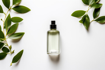 Natural cosmetic product oil or essence in a bottle with a dropper, with fresh green leaves, top view. Concept of beauty, skin, hair or body care	 - Powered by Adobe
