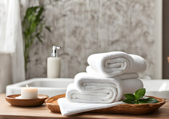 Fototapeta na wymiar White spa towel on table in bathroom. Generative AI