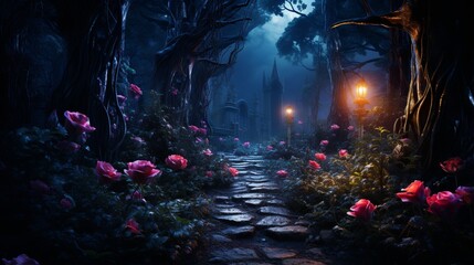 Neon roses lining a garden path, glowing in the dark.
