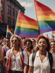 Diverse LGBT Pride Parade, waving the gay/pride flag. Diversity and equality concept