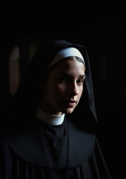 ritratto primo piano di giovane suora in abito religioso, ambientazione interna scura