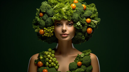 Fototapeta na wymiar A beautiful young woman decorated of healthy vegetables on a dark green background. The concept of healthy nutrition and a healthy lifestyle. Close-up. Copy space.