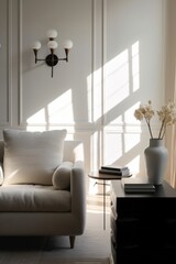 Stylish interior design of living room with modern sofa, elegant accessories.