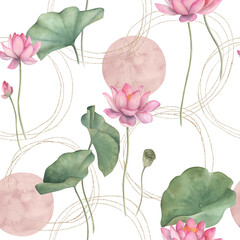 Watercolor seamless pattern with lotus. Hand drawn floral illustration on white background