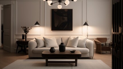 Stylish interior design of living room with modern sofa, elegant accessories.