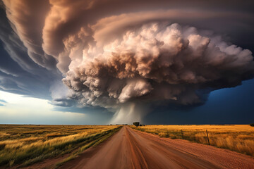 Amazing clouds over the landscape of the american mid-west as supercell thunderstorms develop, generative ai 